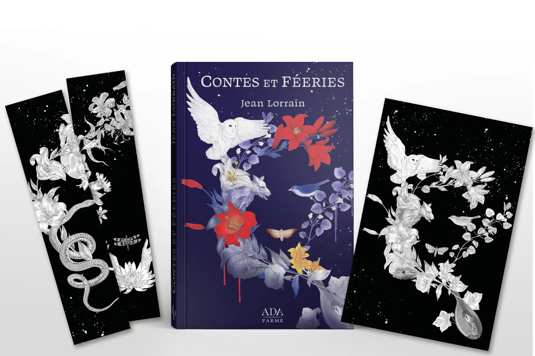 Open book and bookmark showing the cover of “Contes et Féeries” by Jean Lorrain